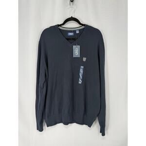 Chaps Sweater Mens XL Blue 100% Cotton V Neck Logo Knit Pullover Long Sleeve